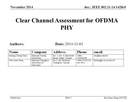 Doc.: IEEE 802.11-14/1428r0 Submission Der-Jiunn Deng (NCUE) Clear Channel Assessment for OFDMA PHY Date: 2014-11-01 Slide 1 November 2014 Authors: