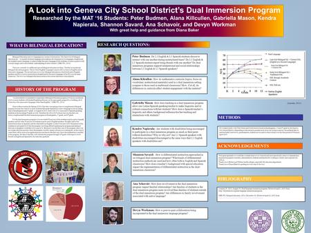 Printed by www.postersession.com A Look into Geneva City School District’s Dual Immersion Program Researched by the MAT ‘16 Students: Peter Budmen, Alana.