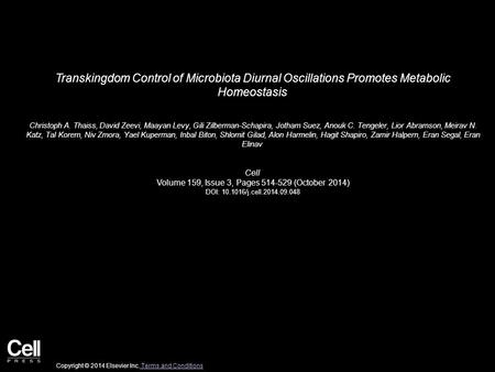 Transkingdom Control of Microbiota Diurnal Oscillations Promotes Metabolic Homeostasis Christoph A. Thaiss, David Zeevi, Maayan Levy, Gili Zilberman-Schapira,