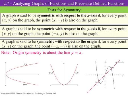 2.7 – Analyzing Graphs of Functions and Piecewise Defined Functions Tests for Symmetry Copyright © 2012 Pearson Education, Inc. Publishing as Prentice.