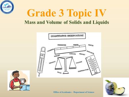 Grade 3 Topic IV Mass and Volume of Solids and Liquids Office of Academics - Department of Science.
