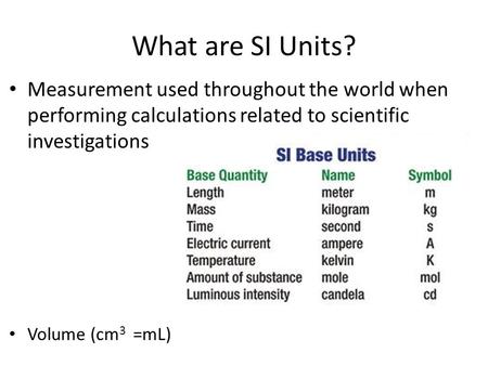 What are SI Units? Measurement used throughout the world when performing calculations related to scientific investigations Volume (cm3 =mL)