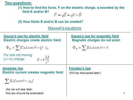 Two questions: (1) How to find the force, F on the electric charge, q excreted by the 	 field E and/or B? (2) How fields E and/or B can be created?