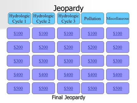 Jeopardy $100 Hydrologic Cycle 1 Hydrologic Cycle 2 Hydrologic Cycle 3 Pollution Miscellaneous $200 $300 $400 $500 $400 $300 $200 $100 $500 $400 $300 $200.
