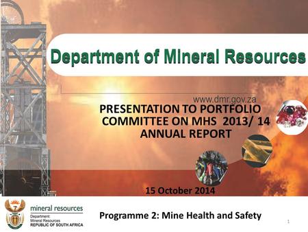 PRESENTATION TO PORTFOLIO COMMITTEE ON MHS 2013/ 14 ANNUAL REPORT 15 October 2014 Programme 2: Mine Health and Safety 1.