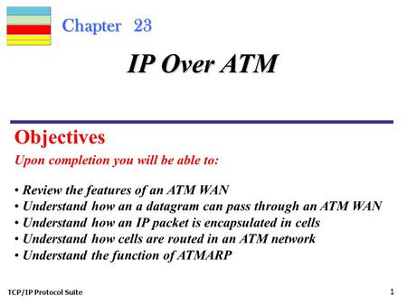 TCP/IP Protocol Suite 1 Chapter 23 Upon completion you will be able to: IP Over ATM Review the features of an ATM WAN Understand how an a datagram can.