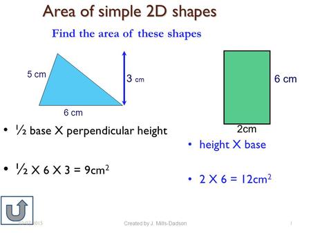 ½ base X perpendicular height ½ X 6 X 3 = 9cm 2 height X base 2 X 6 = 12cm 2 03/07/2015 Created by J. Mills-Dadson 1 Area of simple 2D shapes 6 cm 3 cm.