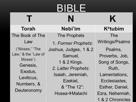 THE TANAKH: JESUS’ BIBLE TNK TorahNebi’imK e tubim The Book of The Law (“Moses,” “The Law,” & the “Law of Moses”) Genesis, Exodus, Leviticus, Numbers,