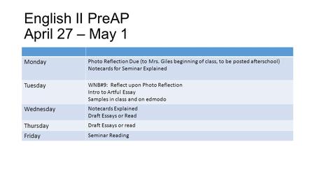 English II PreAP April 27 – May 1 Monday Photo Reflection Due (to Mrs. Giles beginning of class, to be posted afterschool) Notecards for Seminar Explained.