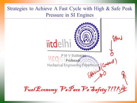 Strategies to Achieve A Fast Cycle with High & Safe Peak Pressure in SI Engines P M V Subbarao Professor Mechanical Engineering Department Fuel Economy.