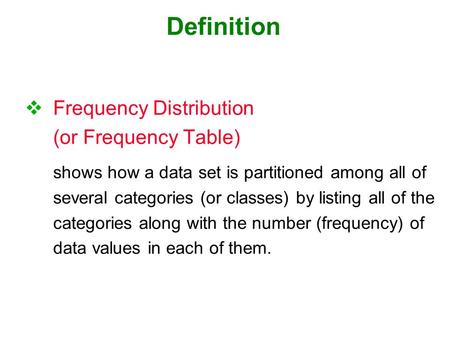 Definition Frequency Distribution (or Frequency Table)