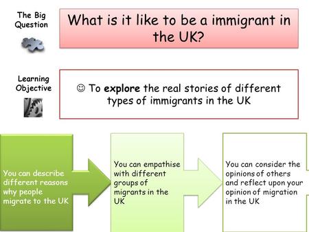 What is it like to be a immigrant in the UK? The Big Question You can describe different reasons why people migrate to the UK You can empathise with different.