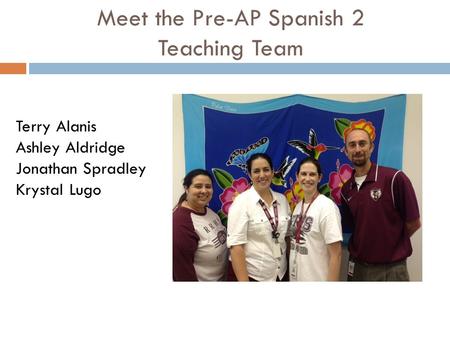 Meet the Pre-AP Spanish 2 Teaching Team Terry Alanis Ashley Aldridge Jonathan Spradley Krystal Lugo.