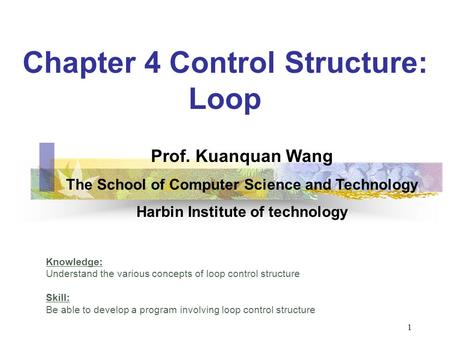 Chapter 4 Control Structure: Loop Knowledge: Understand the various concepts of loop control structure Skill: Be able to develop a program involving loop.