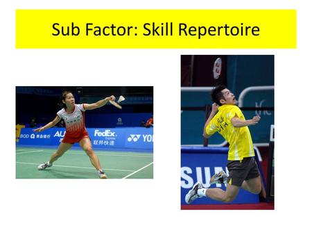 Sub Factor: Skill Repertoire. Watch the badminton footage below. Write down a list of the shots that you observe in the rallies. https://www.youtube.com/watch?v=wQ5zTH69dv0.