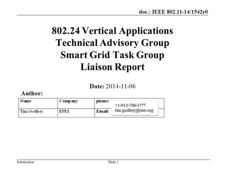 Doc.: IEEE 802.11-14/1542r0 Submission 802.24 Vertical Applications Technical Advisory Group Smart Grid Task Group Liaison Report Date: 2014-11-06 Slide.