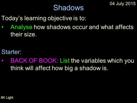 Shadows Today’s learning objective is to: