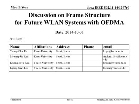 Submission doc.: IEEE 802.11-14/1397r0 Month Year Myeong-Jin Kim, Korea UniversitySlide 1 Discussion on Frame Structure for Future WLAN Systems with OFDMA.
