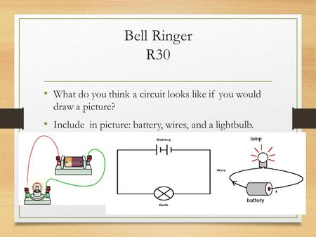 Bell Ringer R30 What do you think a circuit looks like if you would draw a picture? Include in picture: battery, wires, and a lightbulb.