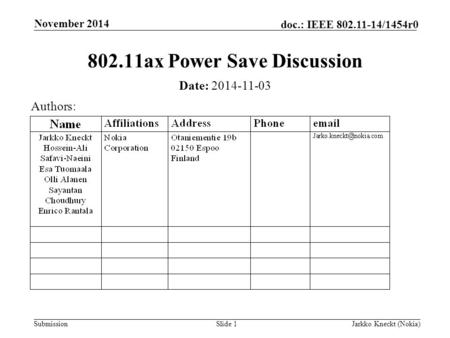 Submission doc.: IEEE 802.11-14/1454r0 November 2014 Jarkko Kneckt (Nokia)Slide 1 802.11ax Power Save Discussion Date: 2014-11-03 Authors:
