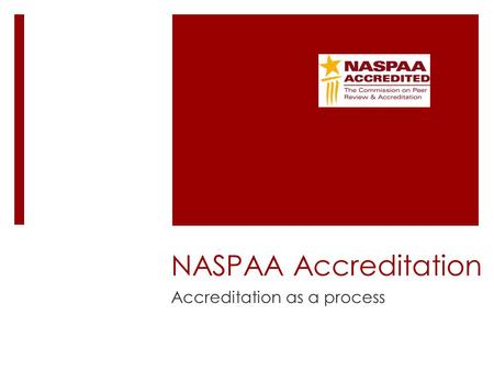 NASPAA Accreditation Accreditation as a process. InputsOutputs Outcomes Inputs  Classrooms  Syllabi  Library resources  PhD faculty  … Outputs 