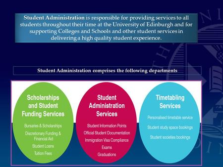 Student Administration is Student Administration is responsible for providing services to all students throughout their time at the University of Edinburgh.