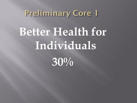 Better Health for Individuals 30%. Students learn about: Meanings of health Perceptions of health Relative and dynamic nature of health.
