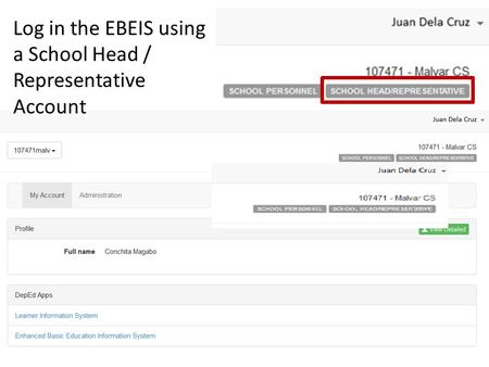 Log in the EBEIS using a School Head / Representative Account