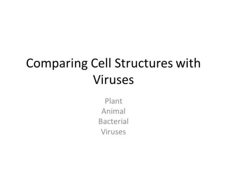 Comparing Cell Structures with Viruses Plant Animal Bacterial Viruses.