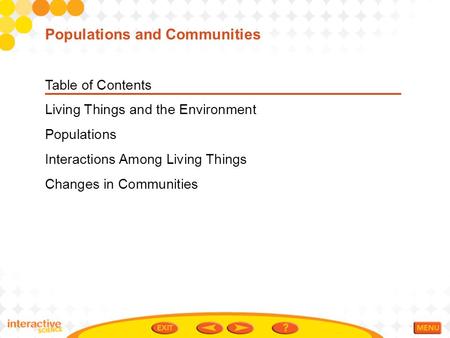 Table of Contents Living Things and the Environment Populations Interactions Among Living Things Changes in Communities Populations and Communities.