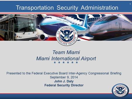 Transportation Security Administration Team Miami Miami International Airport Presented to the Federal Executive Board Inter-Agency Congressional Briefing.