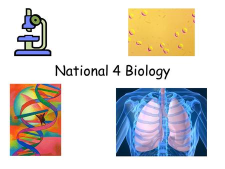 National 4 Biology. 3 Main Units Unit 1 Cell Biology – cell division, DNA, enzymes, microorganisms, photosynthesis, respiration, controversial biological.