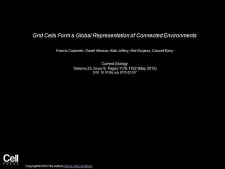 Grid Cells Form a Global Representation of Connected Environments Francis Carpenter, Daniel Manson, Kate Jeffery, Neil Burgess, Caswell Barry Current Biology.