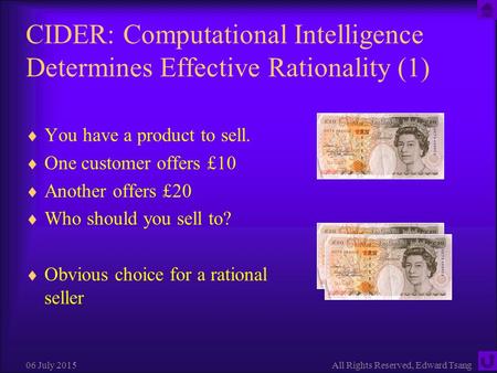 06 July 2015All Rights Reserved, Edward Tsang CIDER: Computational Intelligence Determines Effective Rationality (1)  You have a product to sell.  One.