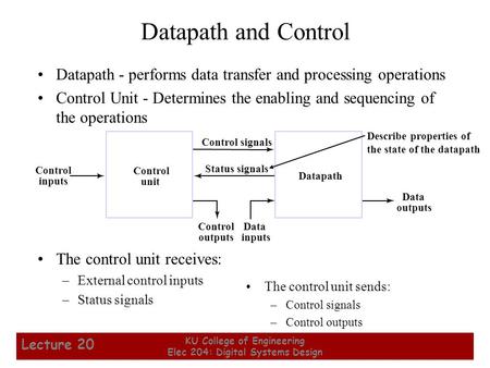 1 KU College of Engineering Elec 204: Digital Systems Design Lecture 20 Datapath and Control Datapath - performs data transfer and processing operations.