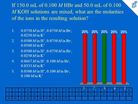 If 150.0 mL of 0.100 M HBr and 50.0 mL of 0.100 M KOH solutions are mixed, what are the molarities of the ions in the resulting solution? 0.0750 M in H+,