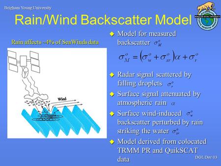 Brigham Young University DGL Dec 03 Rain/Wind Backscatter Model  Model for measured backscatter  Radar signal scattered by falling droplets  Surface.