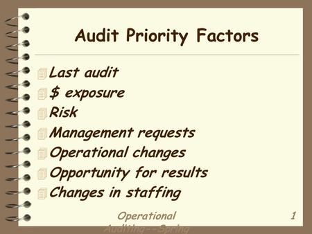 Operational Auditing--Spring 2000 (3/2) 1 Audit Priority Factors 4 Last audit 4 $ exposure 4 Risk 4 Management requests 4 Operational changes 4 Opportunity.