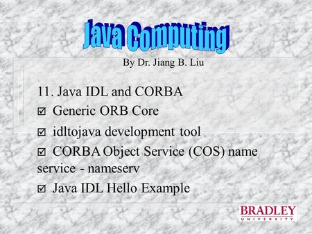 By Dr. Jiang B. Liu 11. Java IDL and CORBA  Generic ORB Core  idltojava development tool  CORBA Object Service (COS) name service - nameserv  Java.