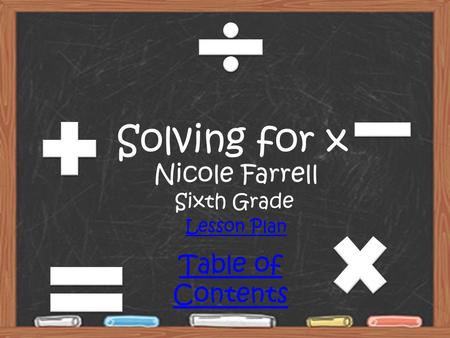 Solving for x Nicole Farrell Sixth Grade Lesson Plan Table of Contents.