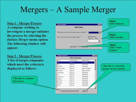 Step 1 - Merger Process A company wishing to investigate a merger initiates the process by selecting the Initiate Merger menu option. The following window.