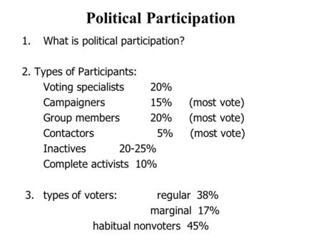 Political Participation 1.What is political participation? 2. Types of Participants: Voting specialists20% Campaigners15% (most vote) Group members 20%