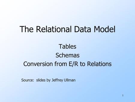 1 The Relational Data Model Tables Schemas Conversion from E/R to Relations Source: slides by Jeffrey Ullman.