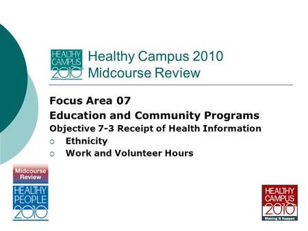 Healthy Campus 2010 Midcourse Review Focus Area 07 Education and Community Programs Objective 7-3 Receipt of Health Information  Ethnicity  Work and.