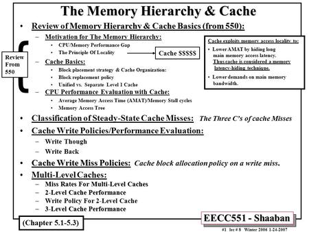 EECC551 - Shaaban #1 lec # 8 Winter 2006 1-24-2007 The Memory Hierarchy & Cache Memory Hierarchy & Cache Basics (from 550):Review of Memory Hierarchy &