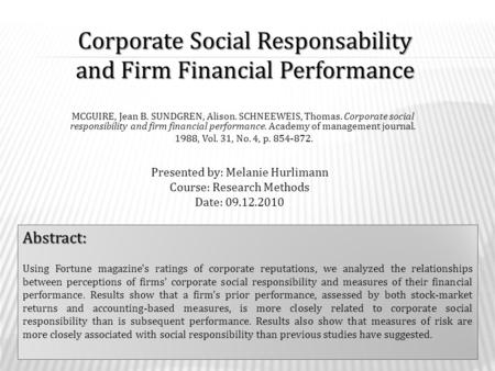 Corporate Social Responsability and Firm Financial Performance