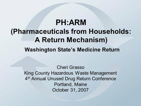 PH:ARM (Pharmaceuticals from Households: A Return Mechanism) Washington State’s Medicine Return Cheri Grasso King County Hazardous Waste Management 4 th.
