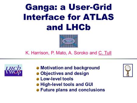 Ganga: a User-Grid Interface for ATLAS and LHCb Motivation and background Objectives and design Low-level tools High-level tools and GUI Future plans and.