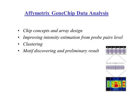 Affymetrix GeneChip Data Analysis Chip concepts and array design Improving intensity estimation from probe pairs level Clustering Motif discovering and.