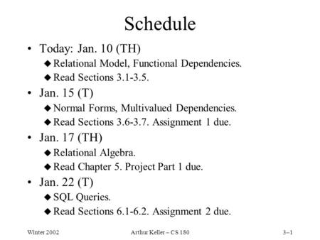 Winter 2002Arthur Keller – CS 1803–1 Schedule Today: Jan. 10 (TH) u Relational Model, Functional Dependencies. u Read Sections 3.1-3.5. Jan. 15 (T) u Normal.